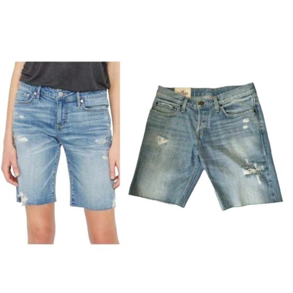 Hollister Jean Cut Off Shorts High Waist Button Fly Raw Hem Distress Stretch 30